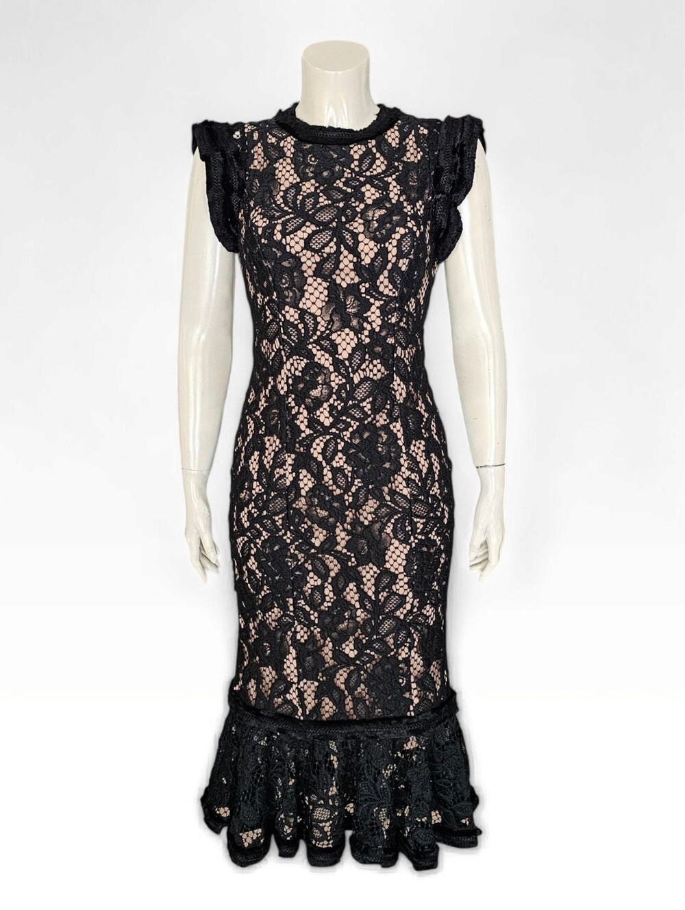 ALEXIS Cleo Black Lace Overlay Sheath Midi Fitted Dress S